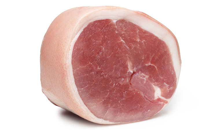 Cured boneless ham with skin attached